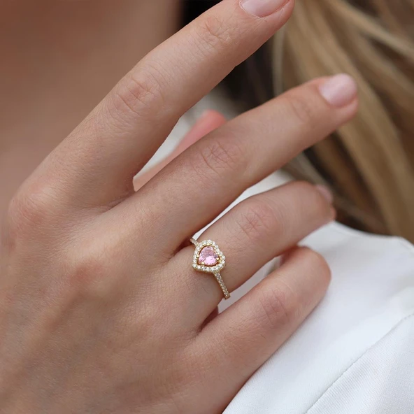 Kalp Pndr Model Pembe Zirkon Taşlı Gold Gümüş Yüzük ürün görseli 1