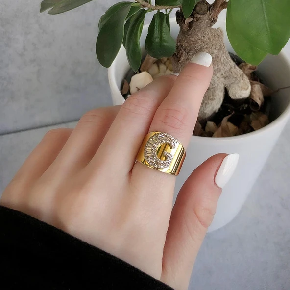 G Harfi Baget Taşlı Gold Kaplama Gümüş Yüzük ürün görseli 1