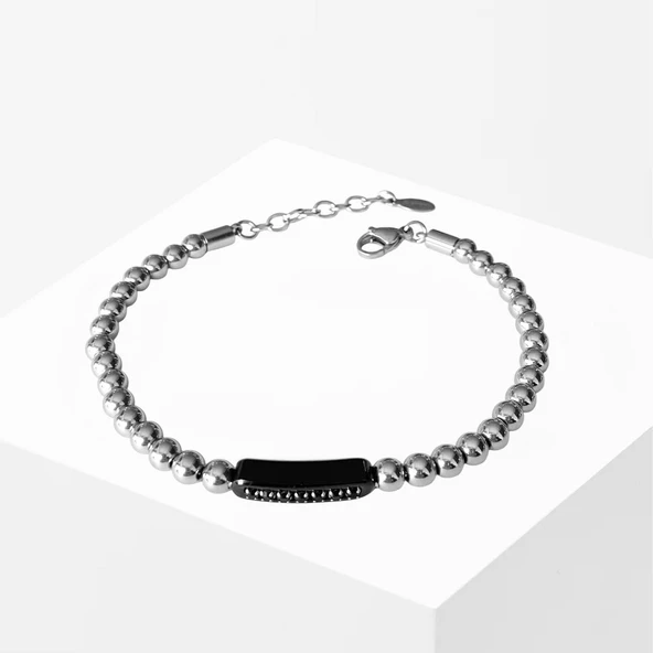 Taşlı Plakalı Siyah Silver Erkek Çelik Bileklik ürün görseli 1