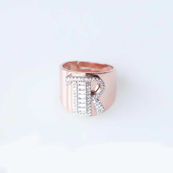 R Harfi Baget Taşlı Rose Gold Kaplama Gümüş Yüzük ürün görseli 1