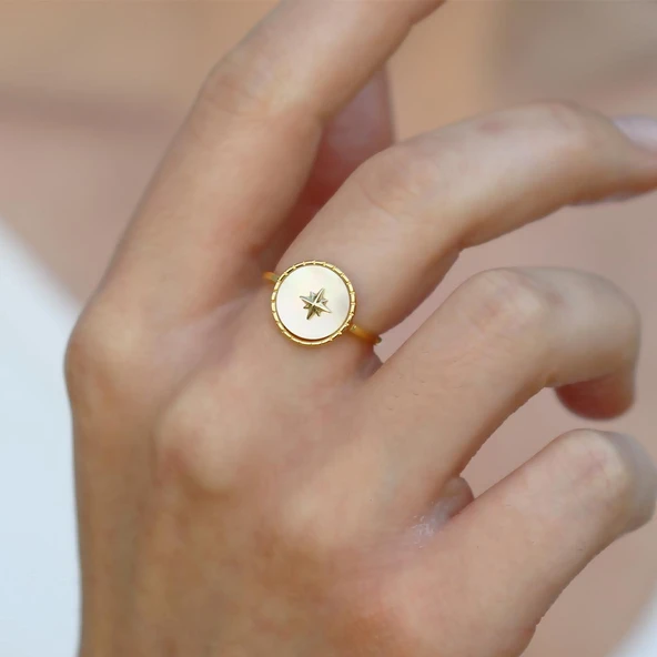 Sedefli Kutup Yıldızı Gold Gümüş Yüzük ürün görseli 1