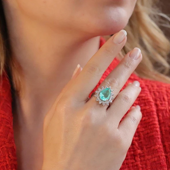 Paraiba Taşlı Damla Sultan Modeli 925 Ayar Gümüş Yüzük ürün görseli 1