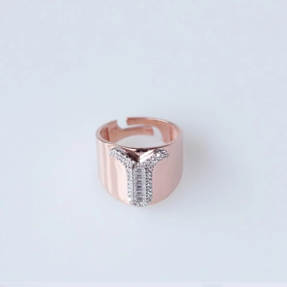 Y Harfi Baget Taşlı Rose Gold Kaplama Gümüş Yüzük ürün görseli 1