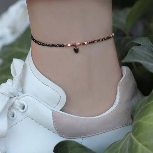 Oniks Taşlı Oval Rose Gold Halhal ürün görseli 1