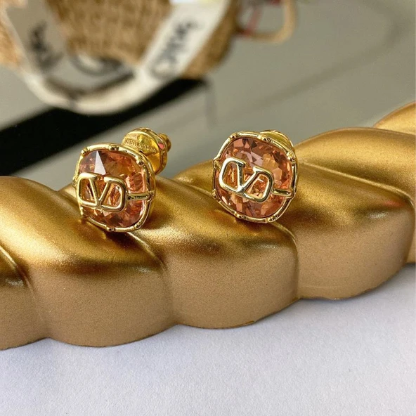 Pembe Taşlı Gold Çelik Küpe - Resim 3