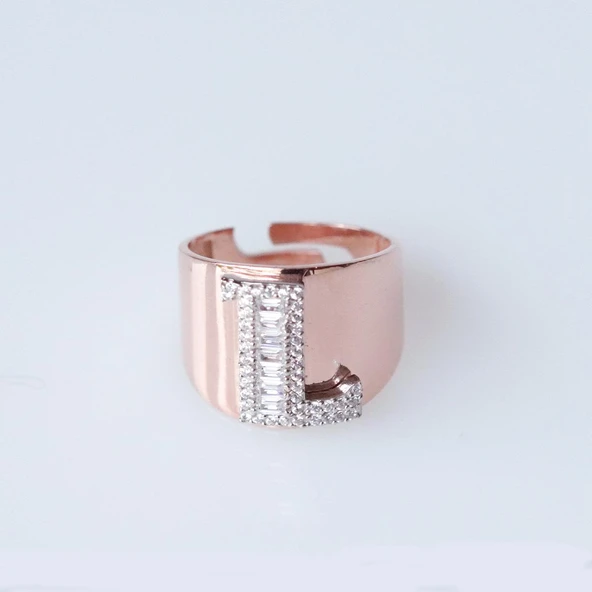 L Harfi Baget Taşlı Rose Gold Kaplama Gümüş Yüzük ürün görseli 1