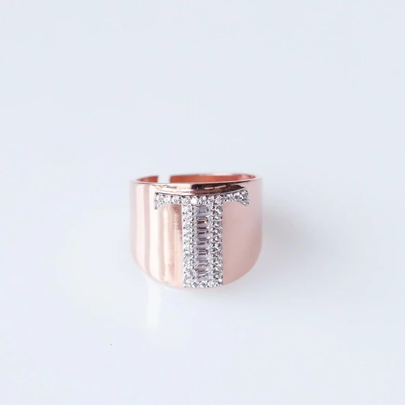 T Harfi Baget Taşlı Rose Gold Kaplama Gümüş Yüzük ürün görseli 1