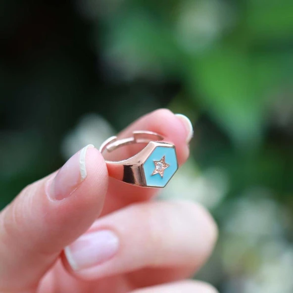 Yıldız Modeli Mavi Mine İşli Rose Gold Kaplama Ayarlanabilir Gümüş Yüzük ürün görseli 1