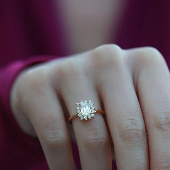 Zümrüt Kesim 1,25 Karat Tek Taş Model Gold Kaplama Sky Diamond Yüzük ürün görseli 1