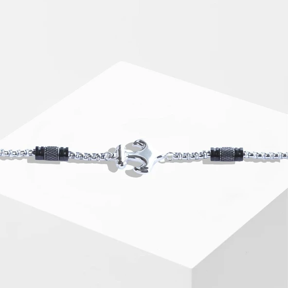 Deniz Çapalı Siyah Silver Çelik Erkek Bileklik - Resim 2