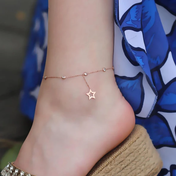 Yıldız Zirkon Taşlı Rose Gold Kaplama Gümüş Halhal ürün görseli 1