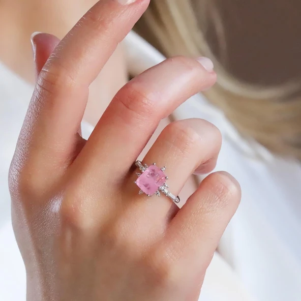 Pembe Paraiba Taşlı Kare Lotus Çiçeği Gümüş Yüzük ürün görseli 1