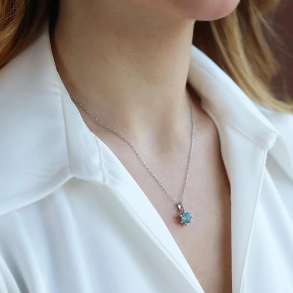 Lotus Çiçeği Aquamarin Taşlı Gümüş Set - Resim 3