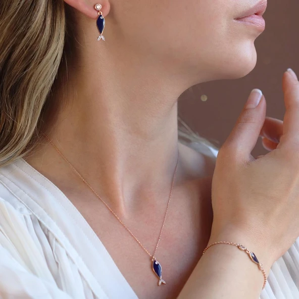 Mine İşli Lacivert Balık Model Zirkon Taşlı Rose Gold Kaplama Gümüş Set ürün görseli 1
