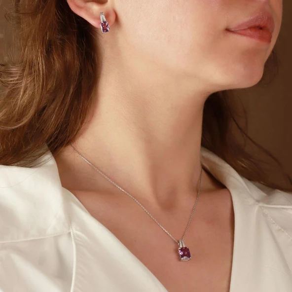 Topaz Taşlı Emerald Kesim Gümüş Set ürün görseli 1
