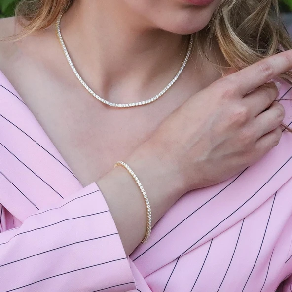 Zirkon Taşlı Gold Kaplama Su Yolu Gümüş Set ürün görseli 1