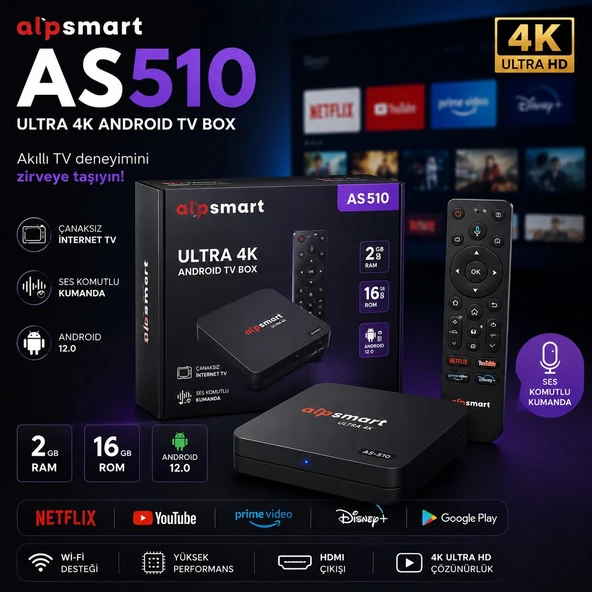 Alpsmart AS510 Ultra 4K Android TV Box | 2GB RAM 16GB Hafıza | Android 12.0 | Ses Komutlu Kumanda | Kablosuz İnternet TV Box ürün görseli 1