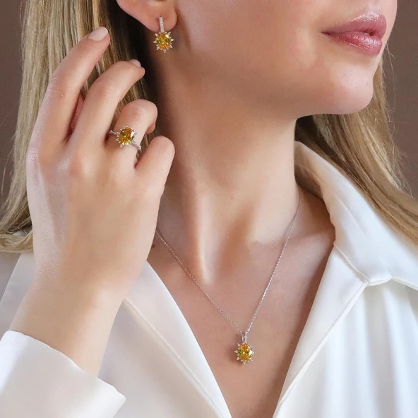 Sitrin Taşlı Elips Lotus Çiçeği Gümüş Set ürün görseli 1
