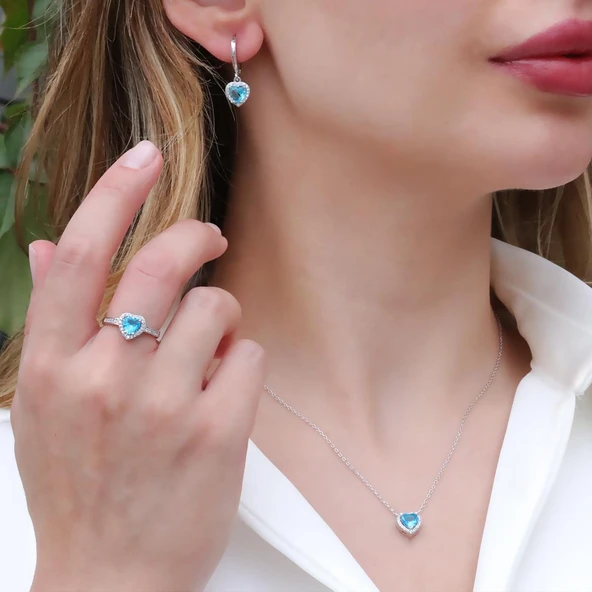 Kalp Pndr Model Aquamarine Taşlı Gümüş Set ürün görseli 1