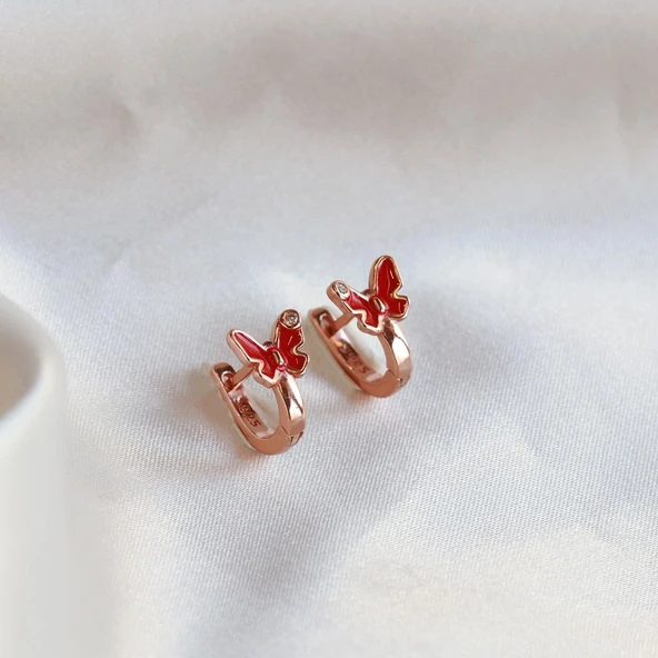 Kırmızı Kelebek Model Mini Zirkon Taşlı Rose Gold Kaplama Gümüş Çocuk Küpesi ürün görseli 1