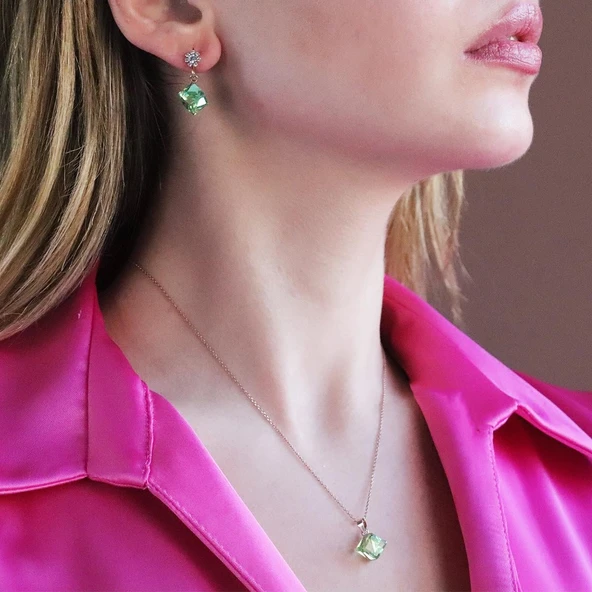 Yeşil Swarovski Taşlı Rose Gold Kaplama Küp Gümüş Set ürün görseli 1