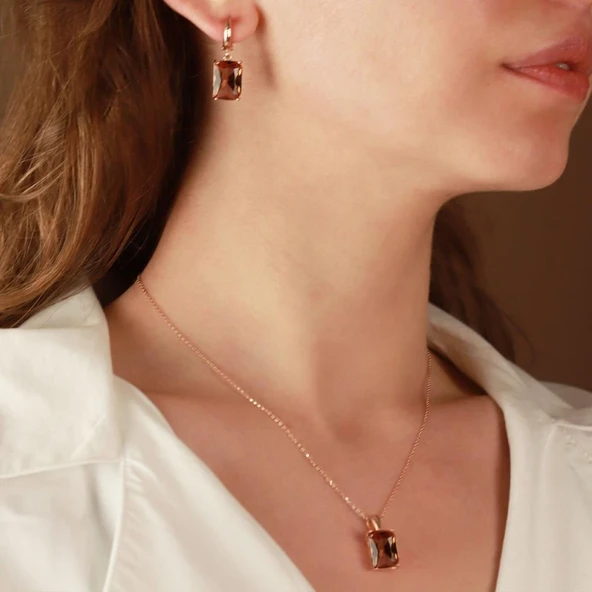 Zultanit Taşlı Emerald Kesim Rose Gold Kaplama Gümüş Set ürün görseli 1