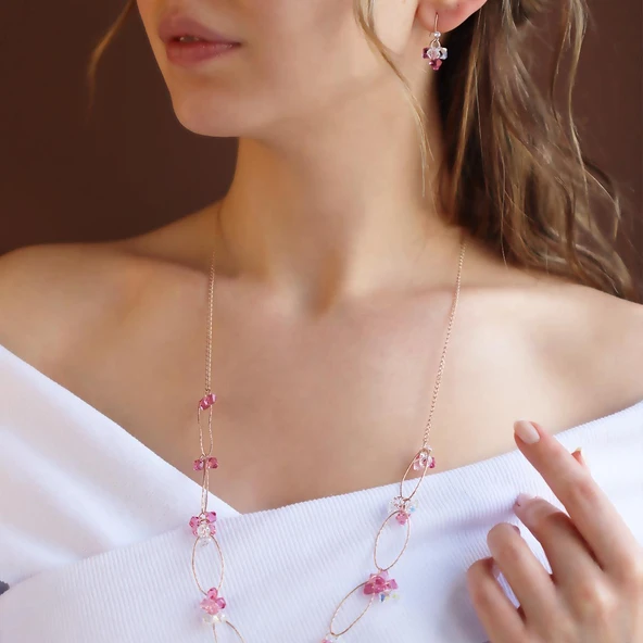 Renkli Swarovski Taşlı Rose Gold Kaplama Tasarım Set ürün görseli 1