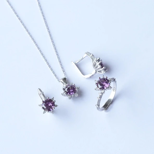 Lotus Çiçeği Ametist Taşlı Gümüş Set - Resim 5