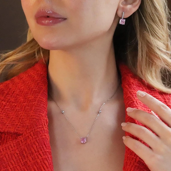 Pembe Zirkon Taşlı Prenses Kesim Gümüş Set ürün görseli 1