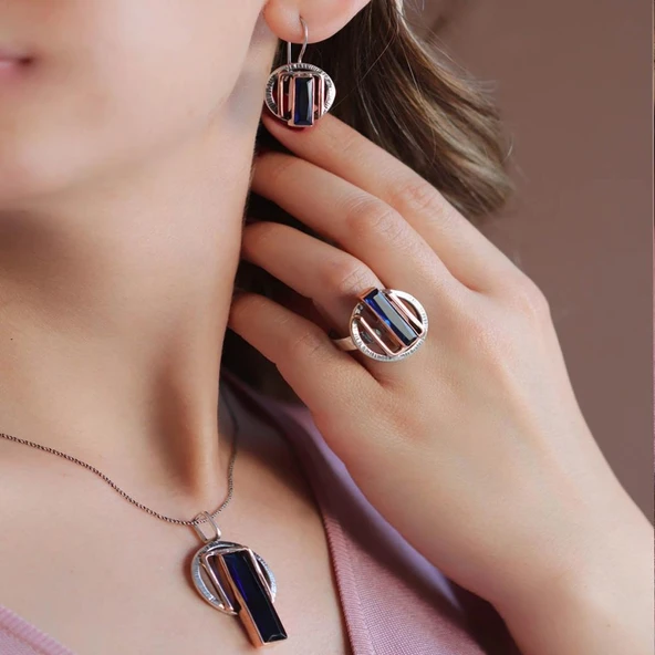 Kök Safir Taşlı 925 Ayar Gümüş Otantik Tasarım Set ürün görseli 1