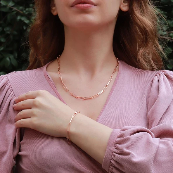 Rose Gold Kaplama Trend Geçme Zincir Gümüş Set ürün görseli 1