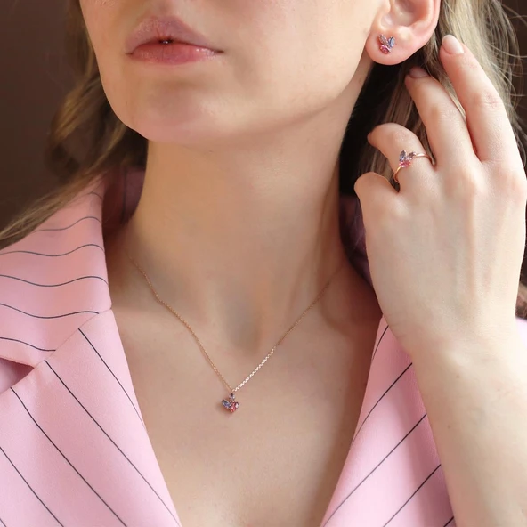 Renkli Swarovski Taşlı Oval Minimal Gümüş Set ürün görseli 1