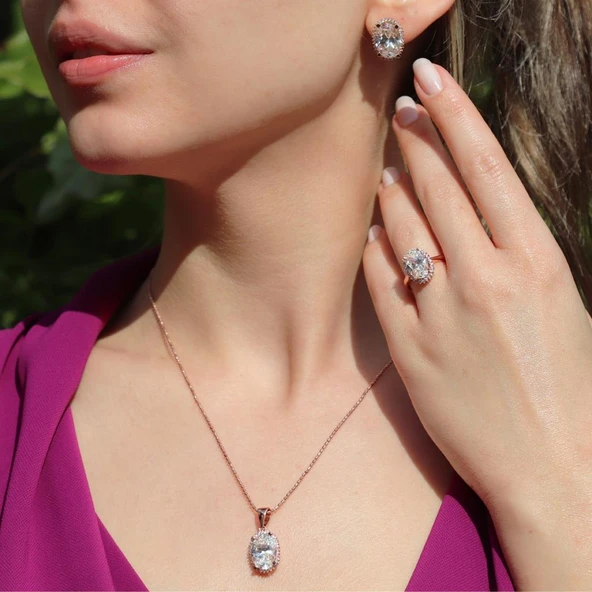 Oval Kesim Tek Taş Model Rose Gold Kaplama 925 Ayar Gümüş Sky Diamond Set ürün görseli 1