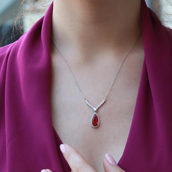 Lal Taşlı Damla Model Gümüş Takım - Resim 2