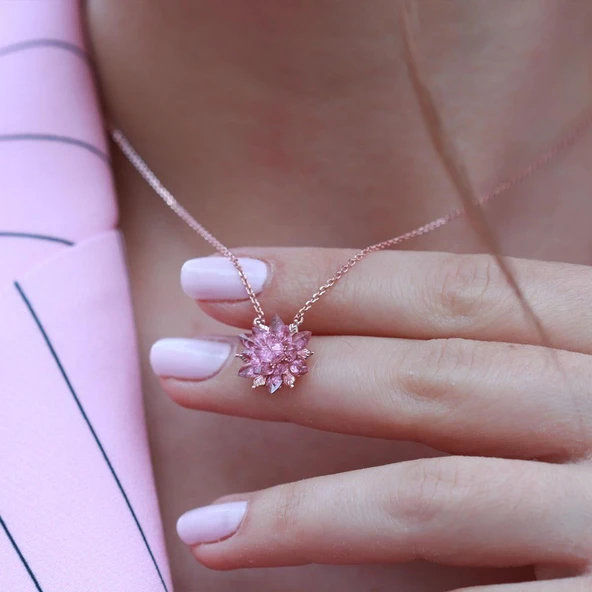 Pembe Kuvars Taşlı Lotus Çiçcekli Gümüş Set - Resim 2