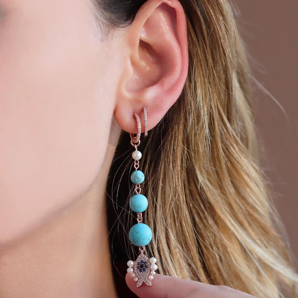 Turkuaz Taşlı İncili Balık Apm Model Rose Gold Kaplama Sallantı Gümüş Küpe ürün görseli 1