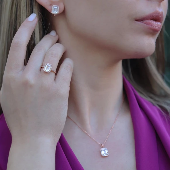 Rose Gold Kaplama Baget Taşlı Gümüş Takım ürün görseli 1