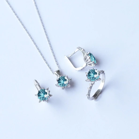 Lotus Çiçeği Aquamarin Taşlı Gümüş Set - Resim 4