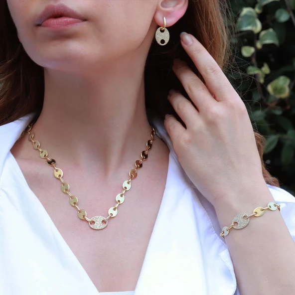 Düğme Modeli Zirkon Taşlı Gold Kaplama Gümüş Set ürün görseli 1