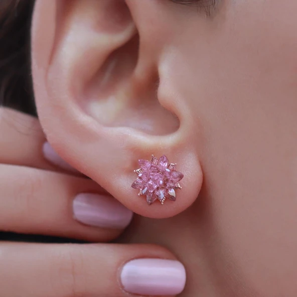 Pembe Kuvars Taşlı Lotus Çiçcekli Gümüş Set - Resim 5