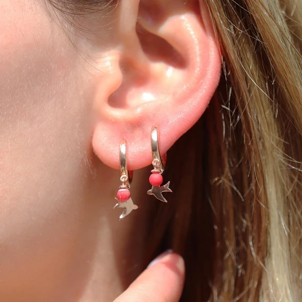 Doğal Mercan Taşlı Martı Rose Gold Kaplama Gümüş Küpe ürün görseli 1