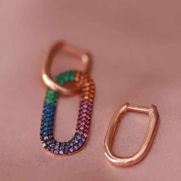 Apm Monaco Modeli Renkli Zirkon Taşlı Rose Gold Kaplama Gümüş Küpe ürün görseli 1