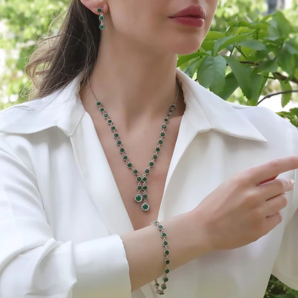Kök Zümrüt Taşlı Otantik Gümüş Takım ürün görseli 1
