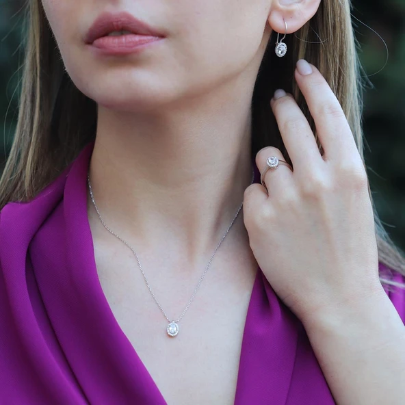 Zirkon Taşlı Mini Oval Montür Gümüş Takım ürün görseli 1