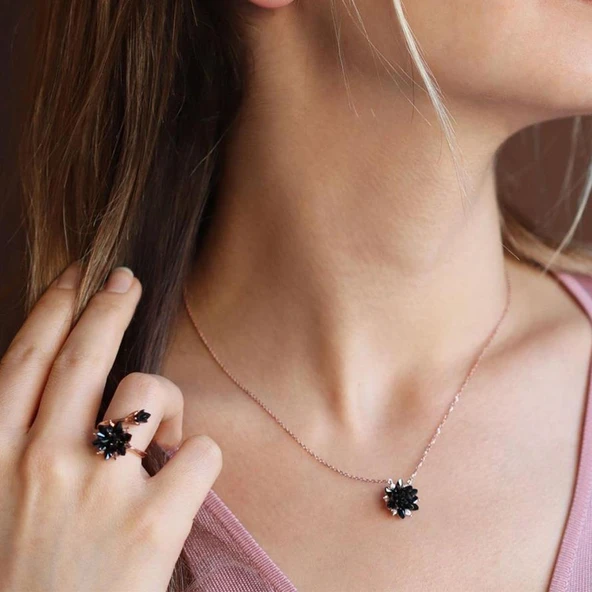 Oniks Taşlı Lotus Çiçek Rose Gold Kaplama Gümüş Set ürün görseli 1