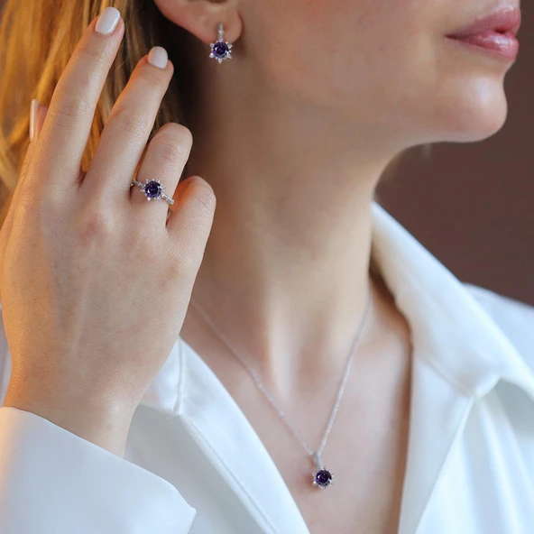 Lotus Çiçeği Ametist Taşlı Gümüş Set ürün görseli 1