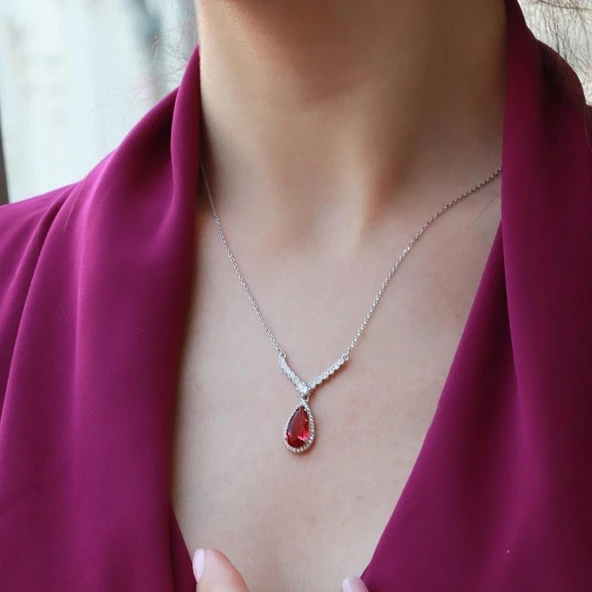 Lal Taşlı Damla Model Gümüş Takım - Resim 3