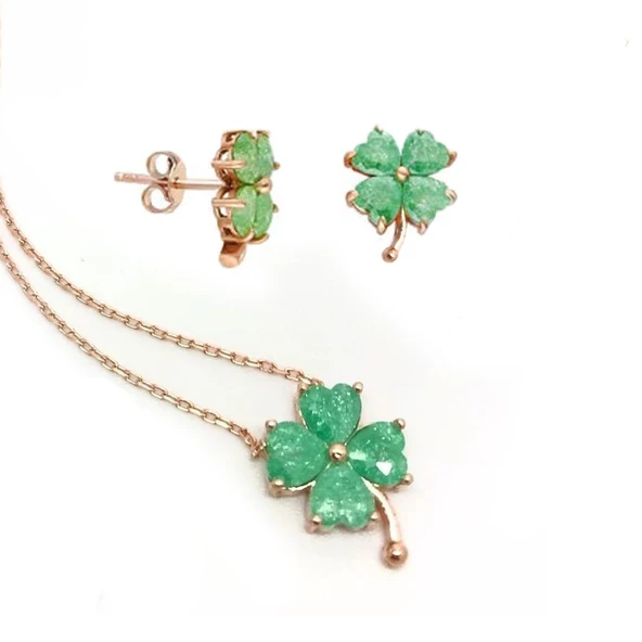 Yeşil Zirkon Taşlı Rose Gold Kaplama Yonca Gümüş Set ürün görseli 1