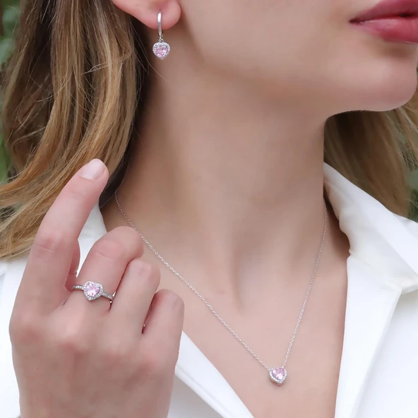 Kalp Pndr Model Pembe Zirkon Taşlı Gümüş Set ürün görseli 1