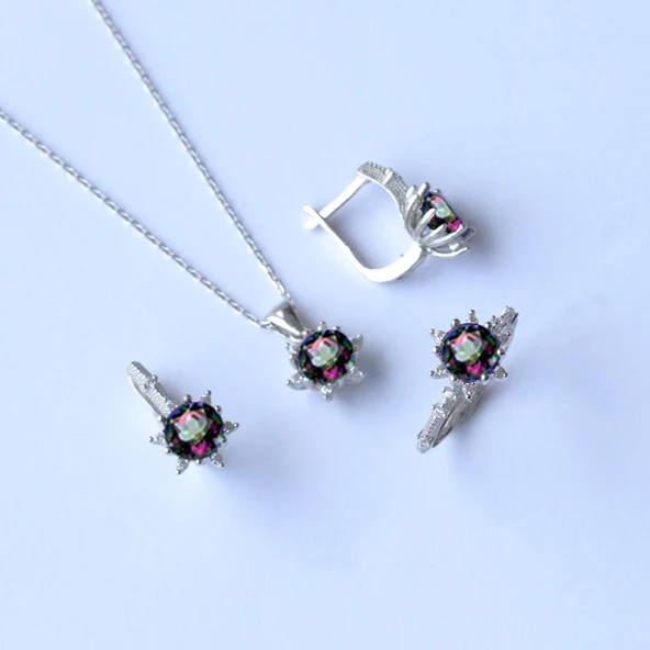 Lotus Çiçeği Mistik Topaz Taşlı Gümüş Set - Resim 5